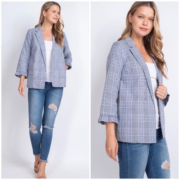 POTTER'S POT Blue Plaid Open 3/4 Sleeves Blazer - Picture 2 of 6